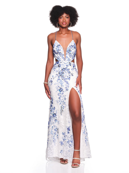 Dave & Johnny 12878 - Floral Lace Beaded Plunging Prom Dress In Blue