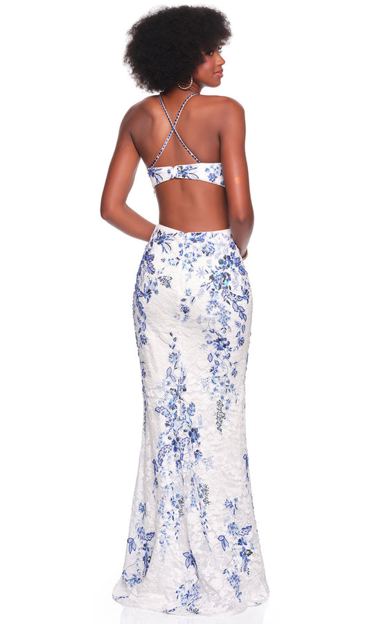 Dave & Johnny 12878 - Floral Lace Beaded Plunging Prom Dress