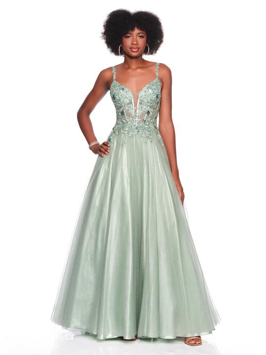 Dave & Johnny 12882 - Embroidered Tulle Ballgown with Lace-Up Back In Green