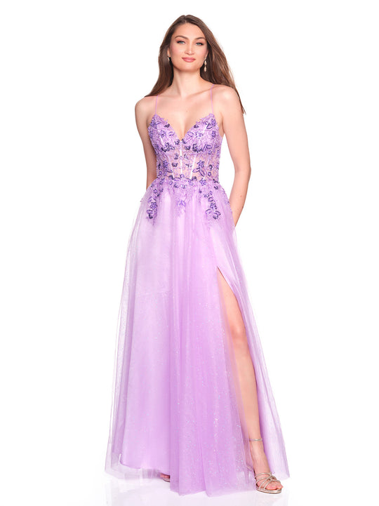 Dave & Johnny 12883 - Beaded Embroidered Shimmer Tulle Gown In Purple