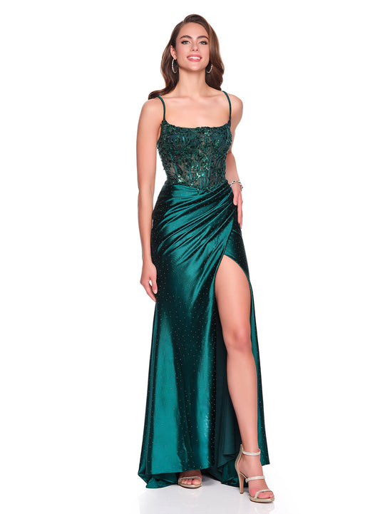 Dave & Johnny 12903 - Beaded Scoop Corset Long Dress In Green