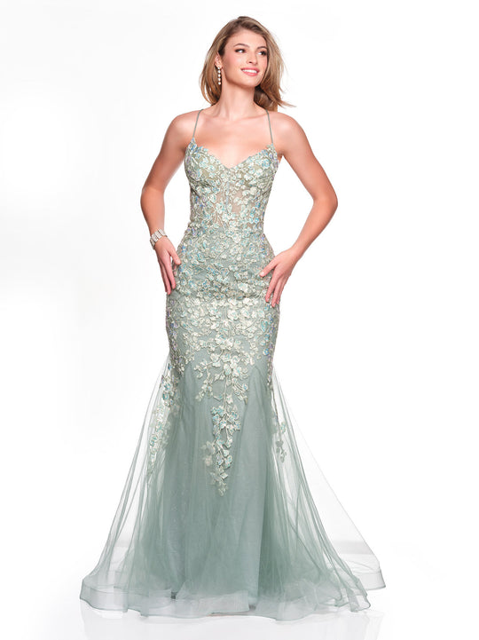 Dave & Johnny 12924 - Sweetheart Embroidered Fit and Flare Dress In Green