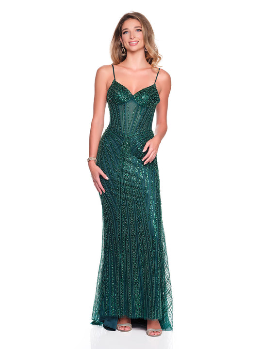 Dave & Johnny 12928 - Fully Beaded Spaghetti Strap Basque Dress In Green