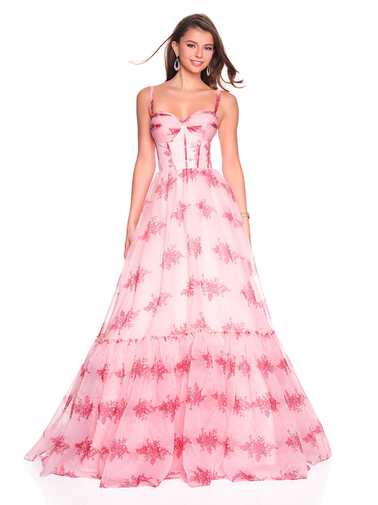 Dave & Johnny 12934 - Ruffle Hem Floral Print Prom Gown