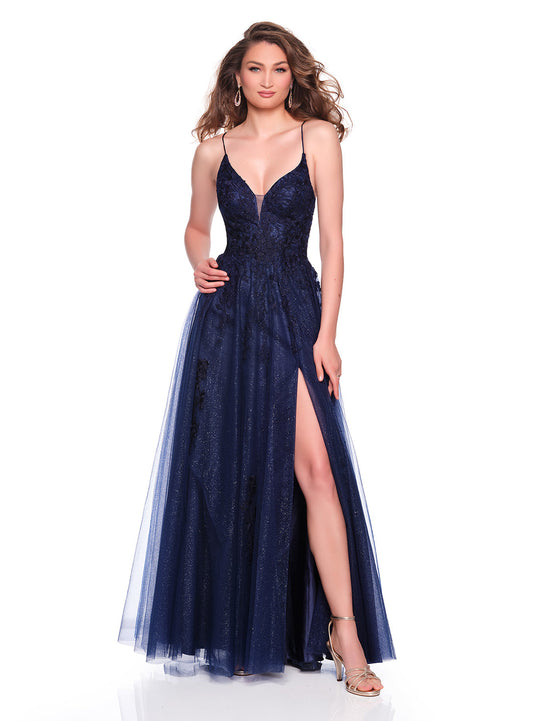 Dave & Johnny 12935 - Plunging Embroidered Shimmer A-Line Dress