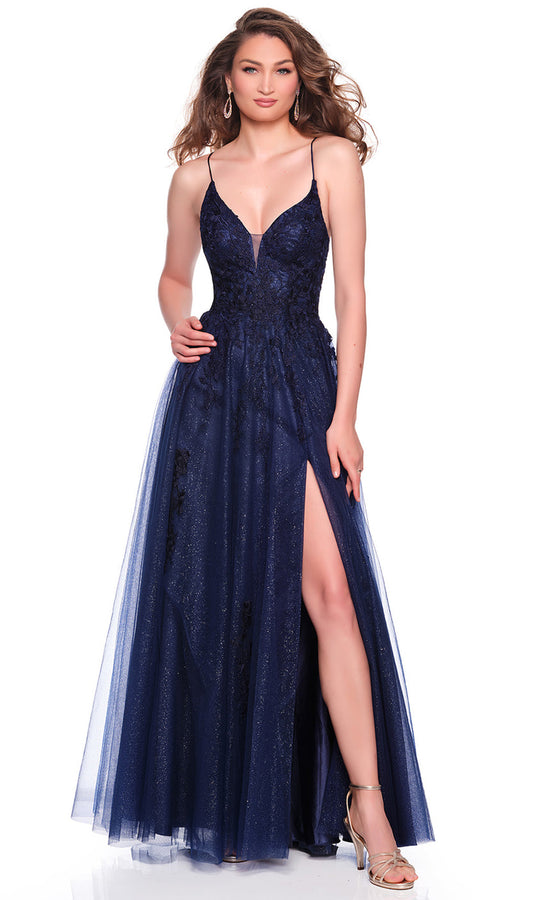 Dave & Johnny 12935 - Plunging Embroidered Shimmer A-Line Dress