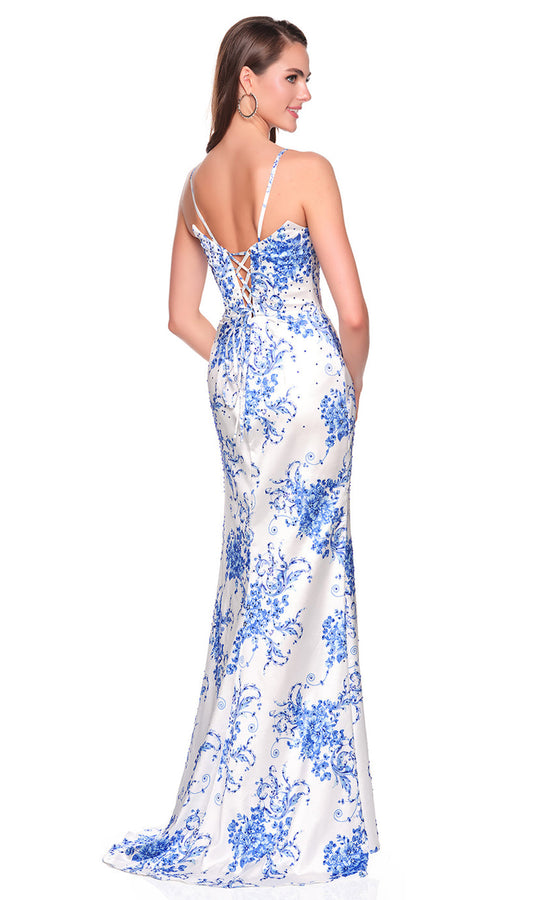 Dave & Johnny 12940 - Rhinestone Accent Printed V-Neck Dress