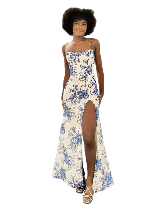 Dave & Johnny 12951 - Square Neck Printed Lace Prom Dress