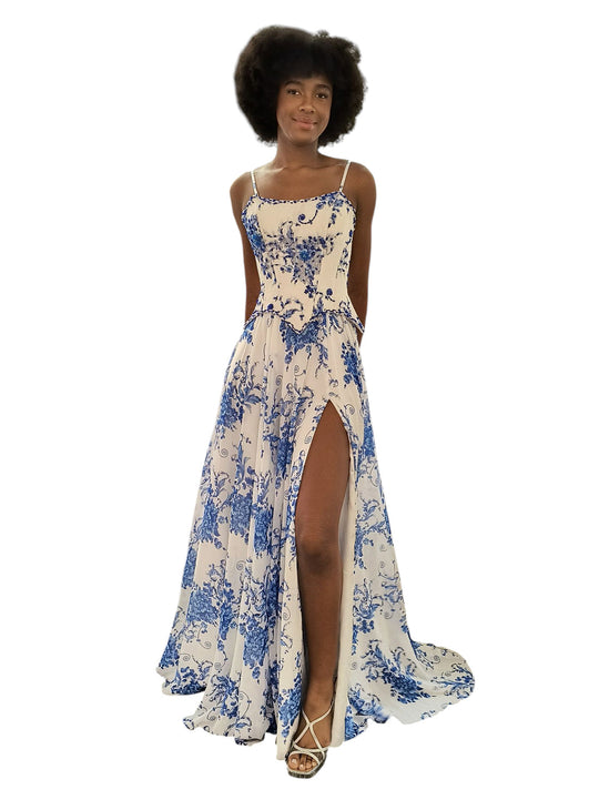 Dave & Johnny 12960 - Scoop Neck Printed Long Slit Dress