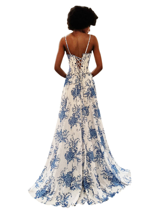 Dave & Johnny 12960 - Scoop Neck Printed Long Slit Dress
