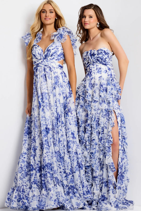 Jovani 49143 - Ruffle Sleeve Floral A-Line Gown