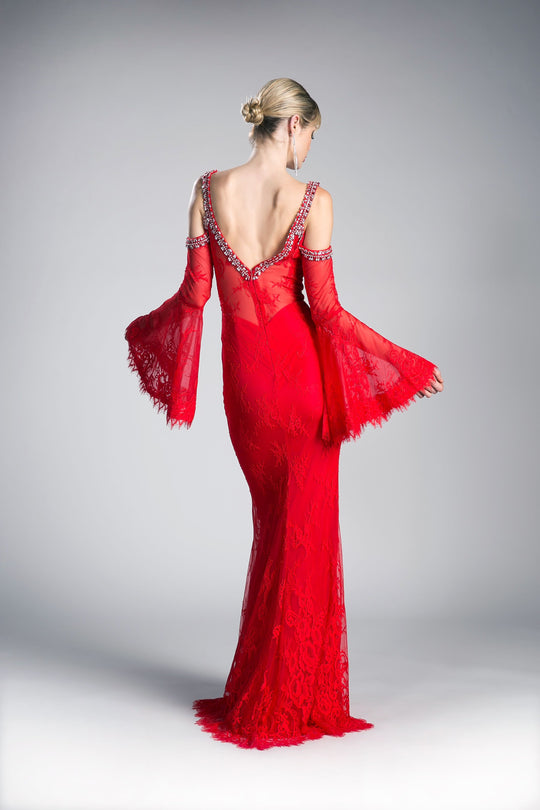Ladivine 13112 - Adorned Lace Long Bell Sleeve Sheath Dress