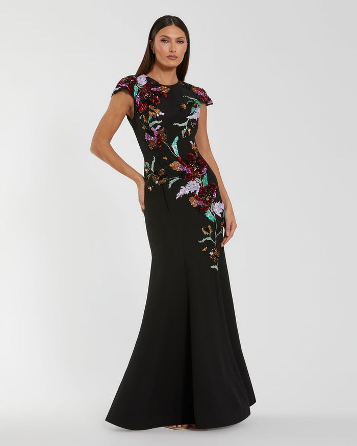 mac duggal all over sequin floral embroidered maxi dress Purple High Neck Long Sleeve this exceptional stunner parades a jewel neckline with colorful floral embellishments trailing across the bodice Mac Duggal Women's High Neck