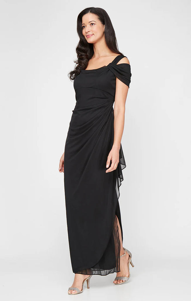 Alex Evenings Women's Cold Shoulder Mesh Gown, Black, 16