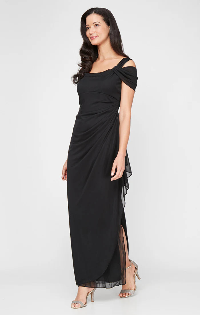 Alex Evenings Women's Cold Shoulder Mesh Gown, Black, 16
