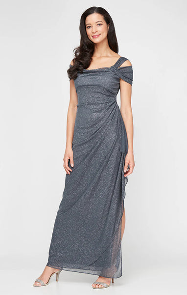 Alex Evenings Petite Hannah Glitter Mesh Gown Dusty Blue / 12P