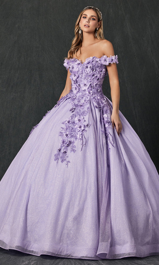 Juliet Dresses 1433 - Floral Applique Off Shoulder Ballgown