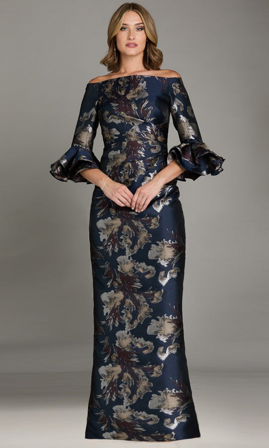 Feriani Couture 18546 - Floral Texture Ruffled Sleeve Evening Dress