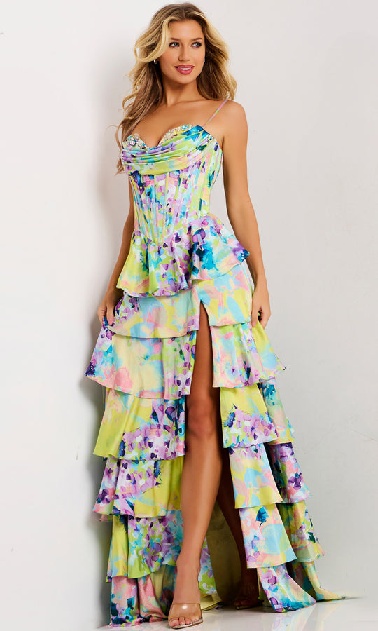 Jovani 47560 - Tiered Ruffle Watercolor Print Dress