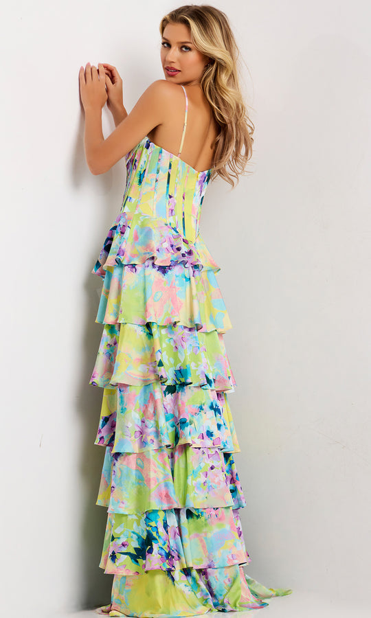 Jovani 47560 - Tiered Ruffle Watercolor Print Dress