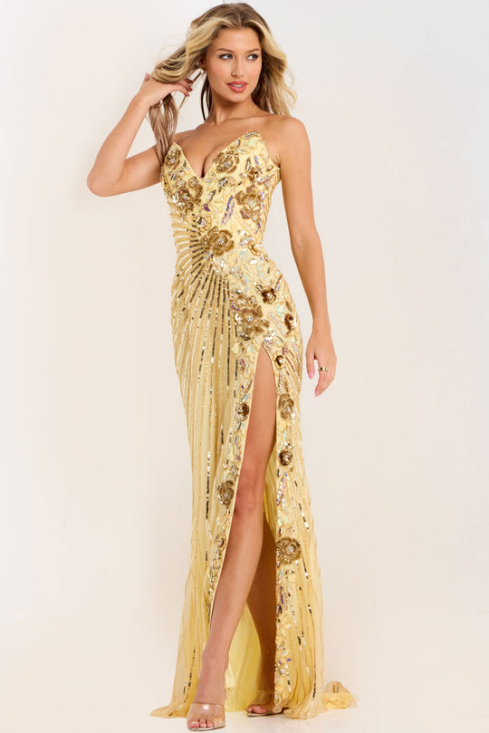 Jovani 49253 - Beaded Applique Fitted V-Neckline Gown