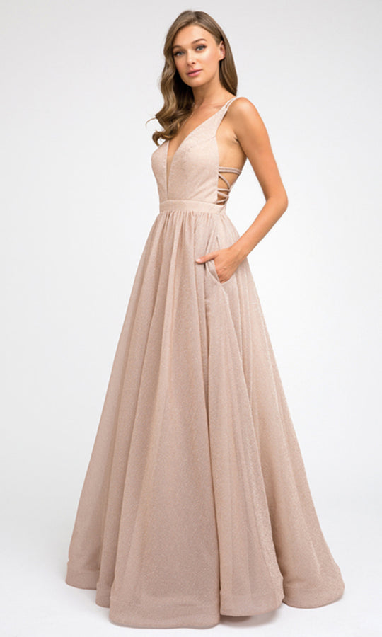 Juliet Dresses 201 - Glitter Plunging V-Neck Prom Gown
