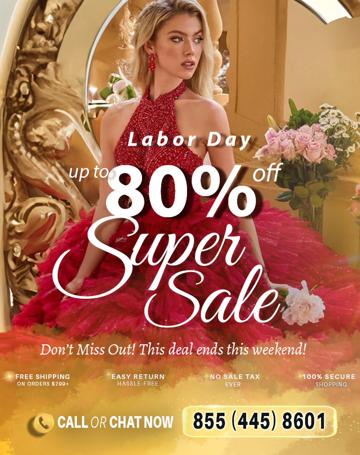 Promotional Labor Day sale graphic featuring a woman in a voluminous red evening gown seated in front of an ornate gold mirror, with large text reading 'Labor Day up to 80% off Super Sale' and a phone number at the bottom.