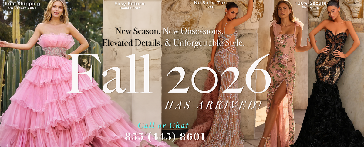 A promotional banner for Fall 2026 featuring four models wearing different formal and evening gowns. The dresses include a pink tiered ball gown, a metallic champagne gown, a pink floral gown, and a black corset-style gown.