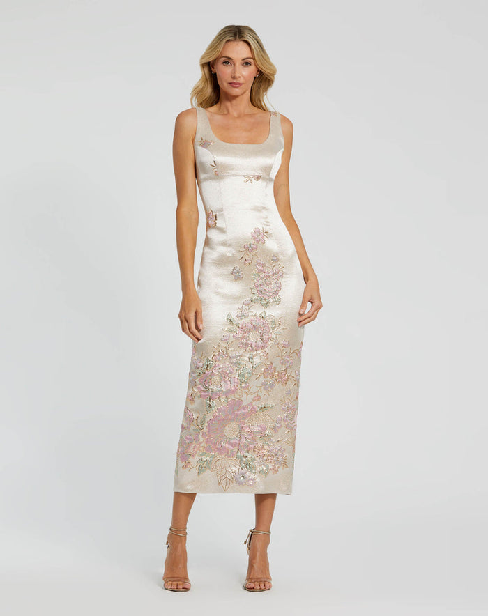 Mac Duggal - Slim Strap Scoop Neck Bustier Brocade Midi Dress - Champagne Multi / US 14 Mac Duggal - Slim Strap Scoop Neck Bustier Brocade Midi Dress - Champagne Multi / US 14