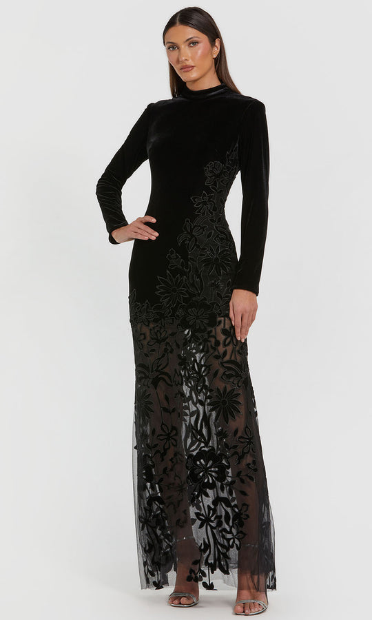 Ieena Duggal 20756 - Embroidered Sheer Skirt Velvet Gown
