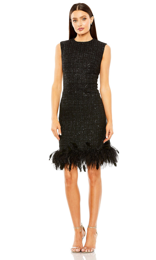 Ieena Duggal 20784 - Jewel Neck Sheath Dress with Feather Trim