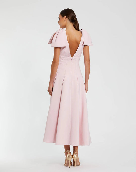 Ieena Duggal 21046 - Bow Shoulder Pleated Tea-Length Dress