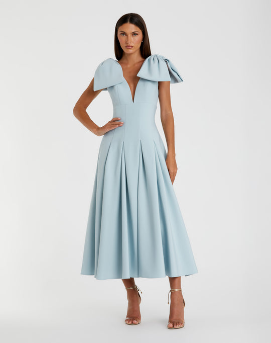 Ieena Duggal 21046 - Bow Shoulder Pleated Tea-Length Dress