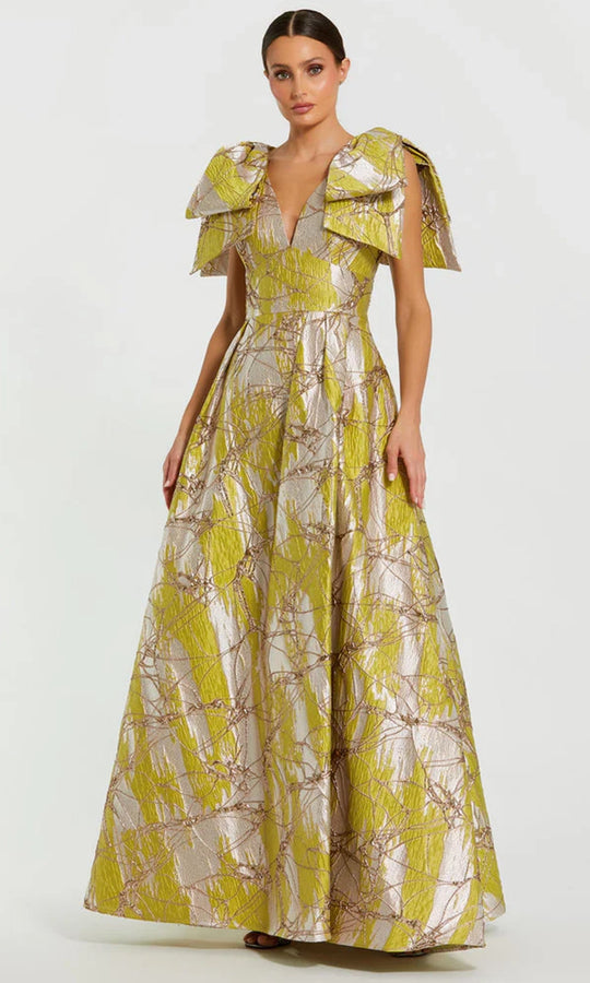 Ieena Duggal 21053 - Bow Shoulder Metallic A-line Evening Gown