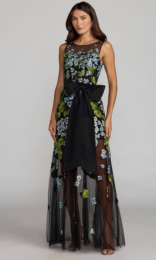 Mac Duggal 21058 - Floral Applique Illusion Long Evening Gown