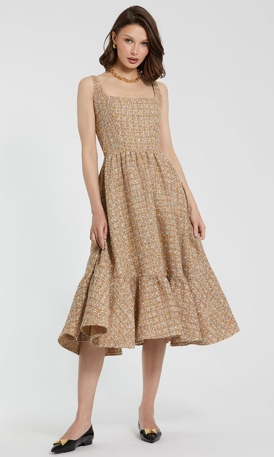 Ieena Duggal 21071 - Square Neck Boucle Ruffled Hem Dress