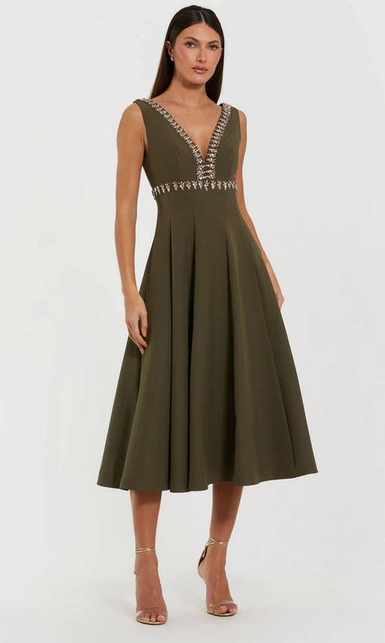 Mac Duggal 21159 - V-Neck Rhinestone Embellished Tea-Length Dress