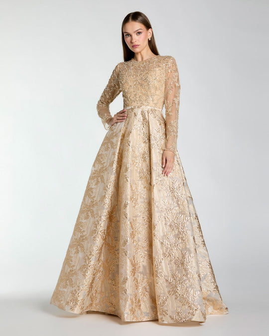 Mac Duggal 21181 - Metallic Brocade Skirt Long Sleeve Ballgown