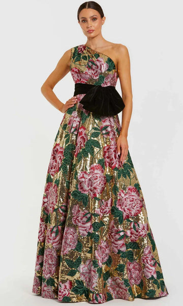 mac duggal one-shoulder bow floral brocade a-line maxi dress Mac Duggal 9334 Long Formal Fitted 3D Floral Evening Dress – The Dress  Outlet main image 0
