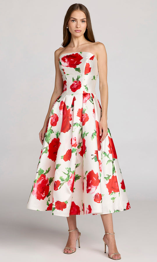 Mac Duggal 21238 - Rose Print Pleated Midi Evening Dress