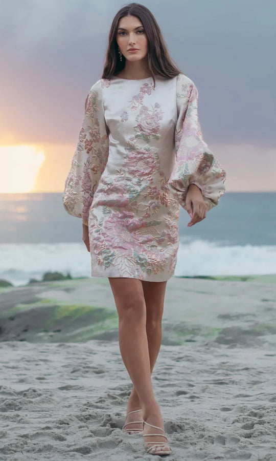 Mac Duggal 21256 - Floral Brocade Bishop Sleeve Mini Dress