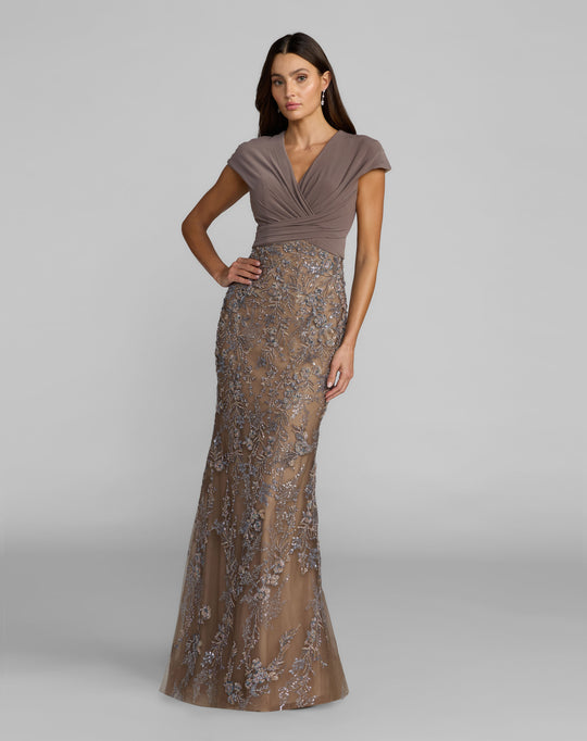 Mac Duggal 21291 - Cap Sleeve Floral Embellished Evening Gown