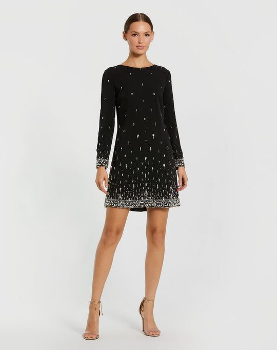 Ieena Duggal 2262 - Embellished Crepe Long Sleeve Mini Dress