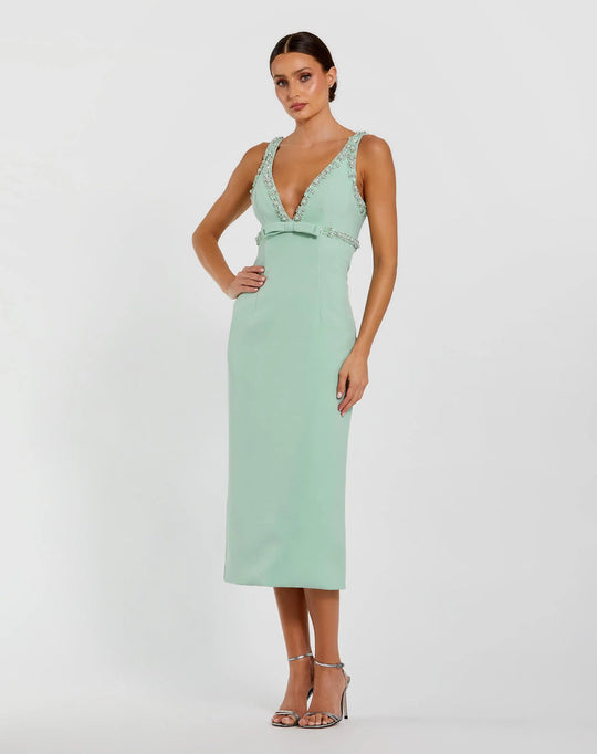 Ieena Duggal 2276 - Beaded Trim V-Neck Column Dress