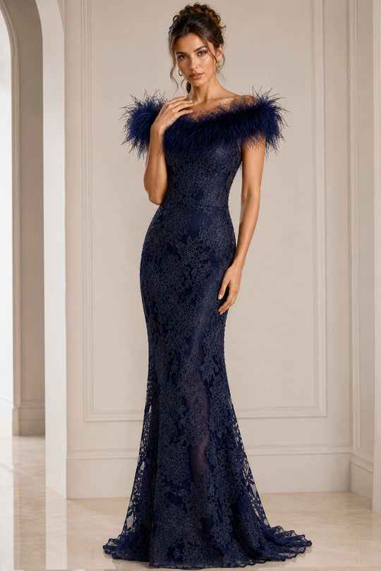 Jovani 23030 - Lace Evening Dress with Feather Fringes