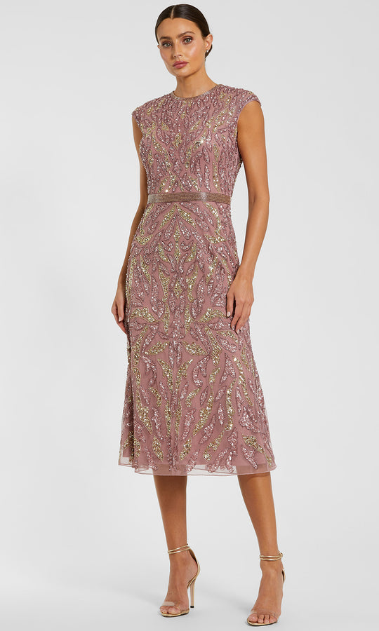 Mac Duggal 23049 - Beaded Bodice Tea-Length Sheath Dress