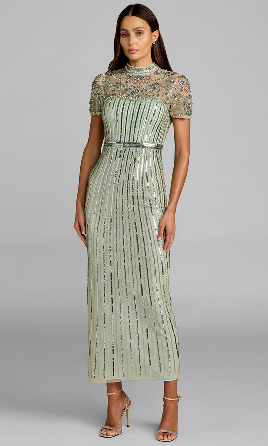Mac Duggal 23075 - Illusion Yoke Beaded Mesh Midi Dress