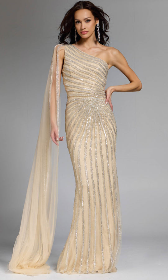 Jovani 23774 - Asymmetric Neck Sequin Sheath Gown
