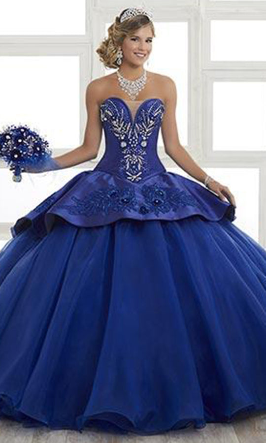 LA Glitter - 24028 Plunging Embroidered Peplum Drape Ballgown