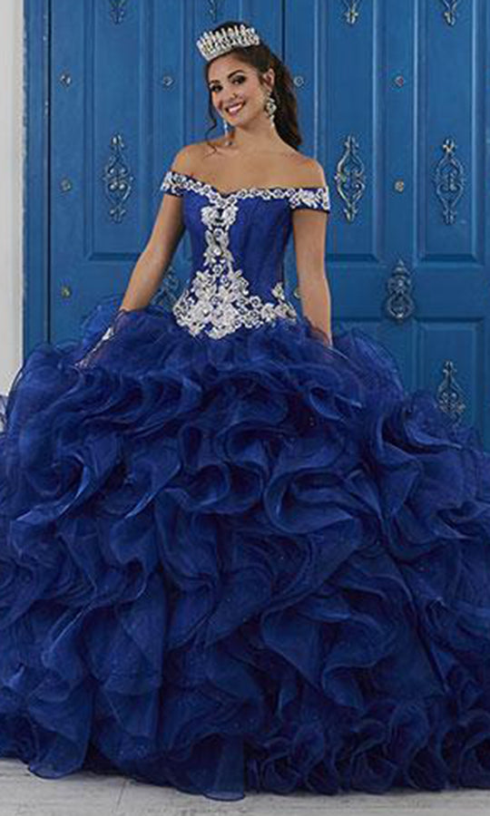 LA Glitter - 24041 Beaded Off-Shoulder Ruffled Glitter Tulle Ballgown